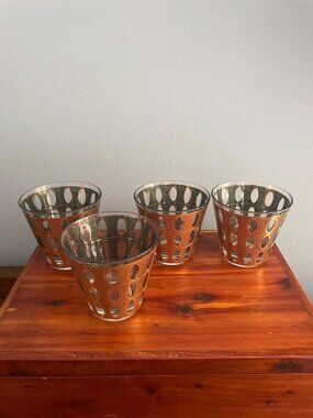 Culver Pisa Old Fashioned Rocks Whiskey Glasses Barware Set 4 Vintage Gold Green